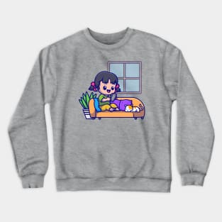 Cute Girl Operating Phone With Cat Cartoon Crewneck Sweatshirt